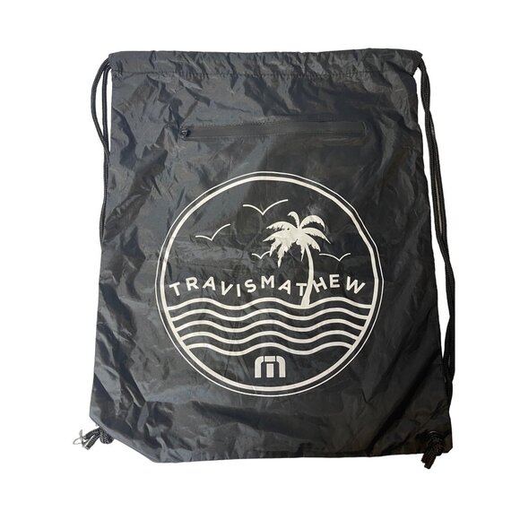 Travis Mathew Golf Black Drawstring Nylon Backpack Cinch Bag w/ Zippered Pocket - Picture 1 of 5